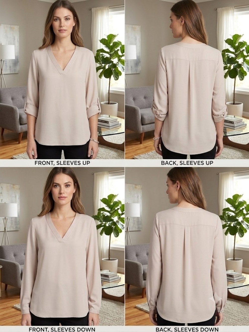 Chico's Soft V-Neck Roll-Tab Blouse in Light Taupe Size M